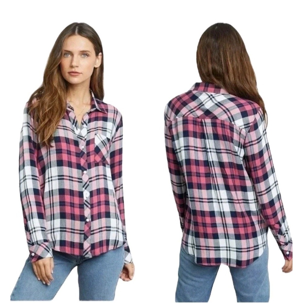 Rails Hunter Plaid Long Sleeve Button Up Blouse Top‎ Mulberry White Indigo Small